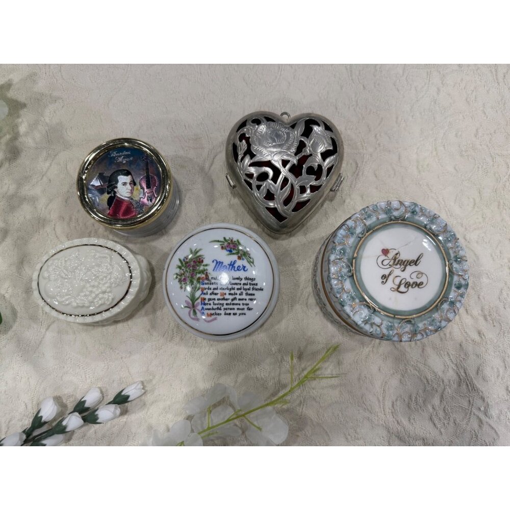 Vintage Trinket Boxes Set Of 5 Lenox, SFMB, Angel Of Love Mozart & Floral Design